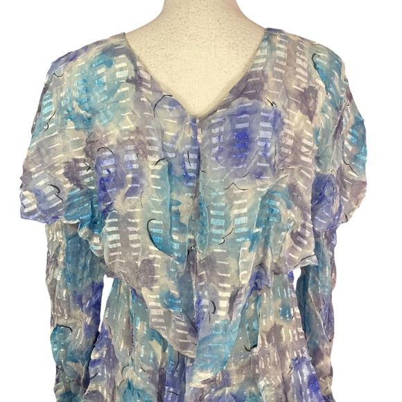 100% Silk Layered Dress S Vintage Long Sleeve Rosette Flowy V-Neck Blue Gray - Picture 10 of 11